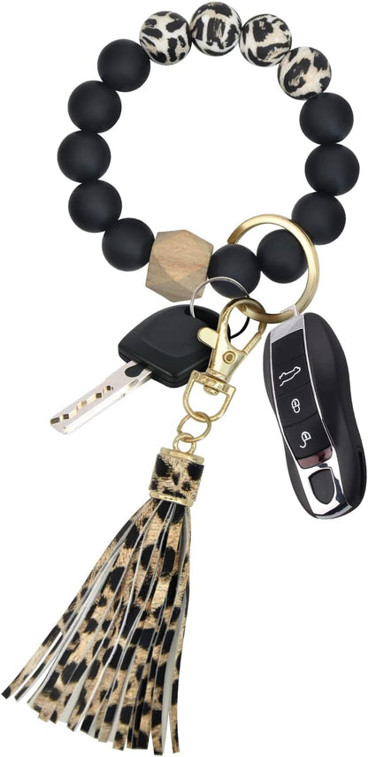 Chic Leopard Print Tassel Keychain Bracelet – Beaded Wristlet for Car Keys & Handbags