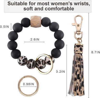 Chic Leopard Print Tassel Keychain Bracelet – Beaded Wristlet for Car Keys & Handbags